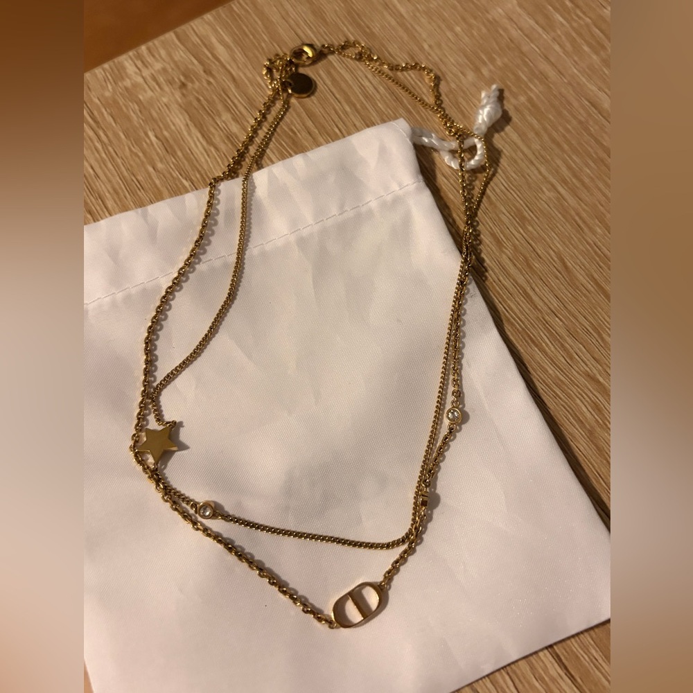 Dior Petite Gold Layered Necklace with Star and Logo Charms